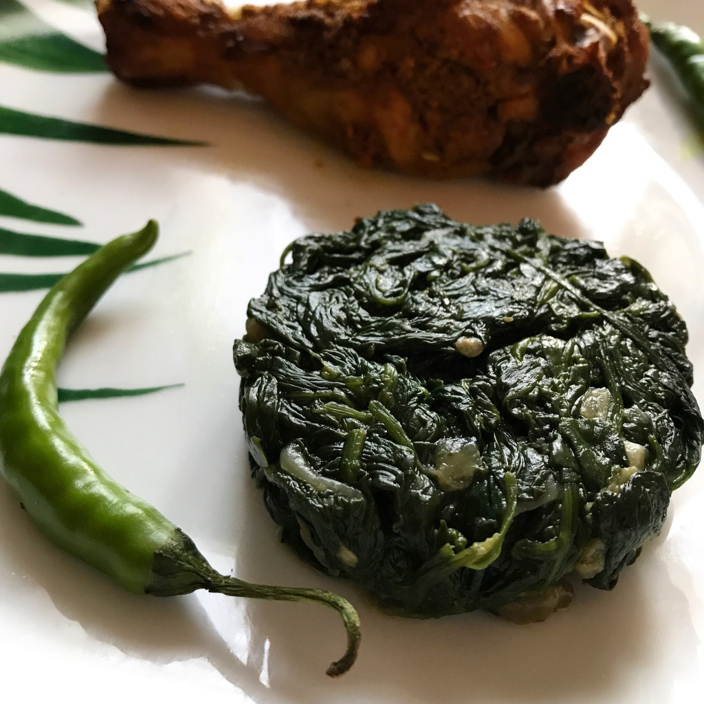 Saag (spinach) bhaji with peri peri chicken